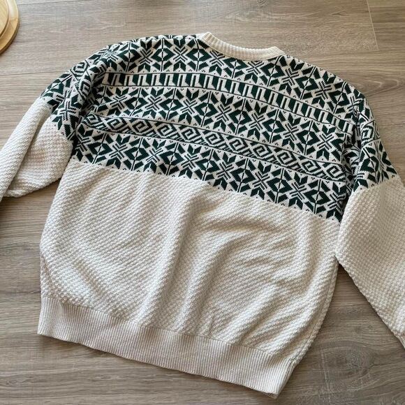Vintage Fair Isle Knit Sweater Fisherman Cream & Green Chunky Cozy Unisex XL 90s - Picture 6 of 8